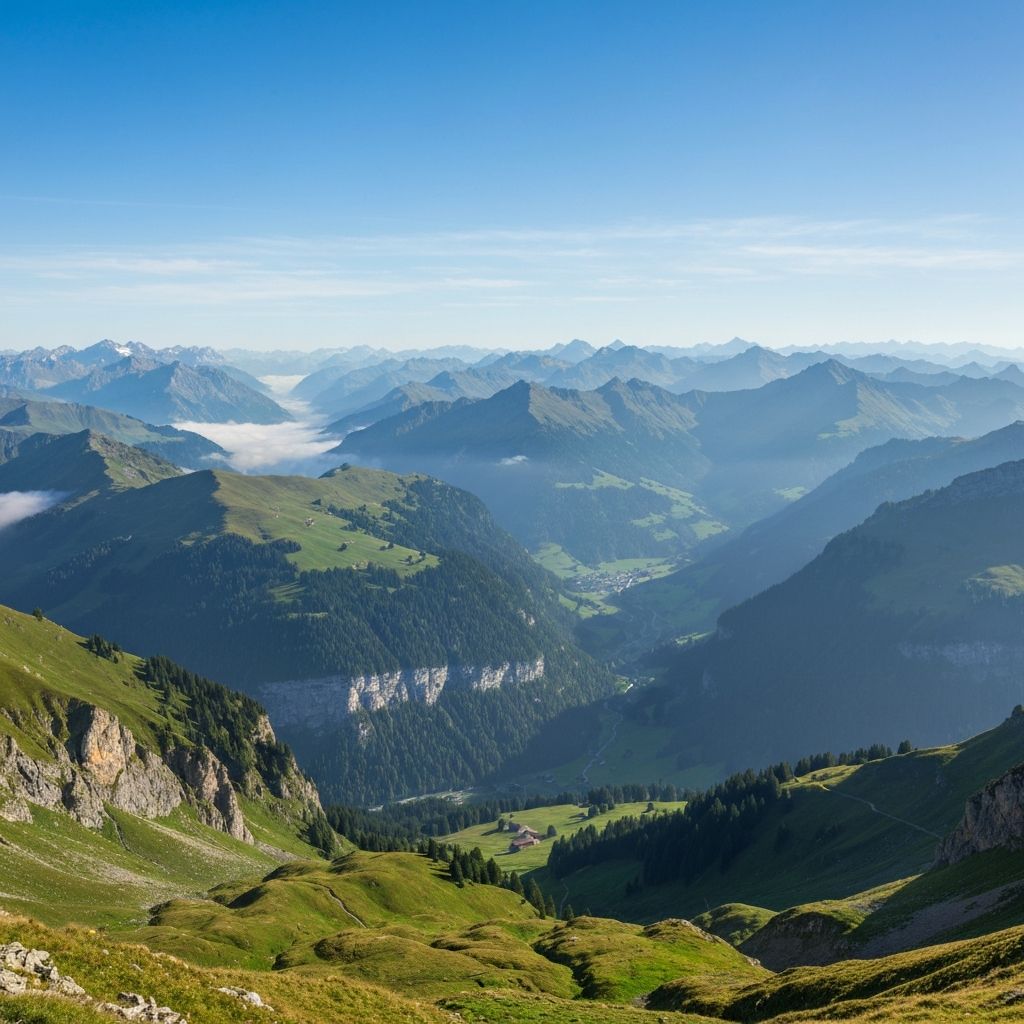 Sweeping panoramic view of Swiss alpine mountains